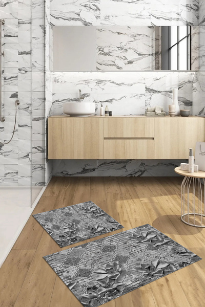 Viyana Home Ψηφιακό αντιολισθητικό πλενόμενο λουλουδάτο χαλάκι μπάνιου 2 τεμα...