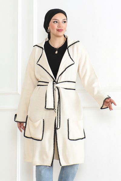 MAY MARA Women's Choban Stitch Detailed Pocket Long Knitting Cardigan