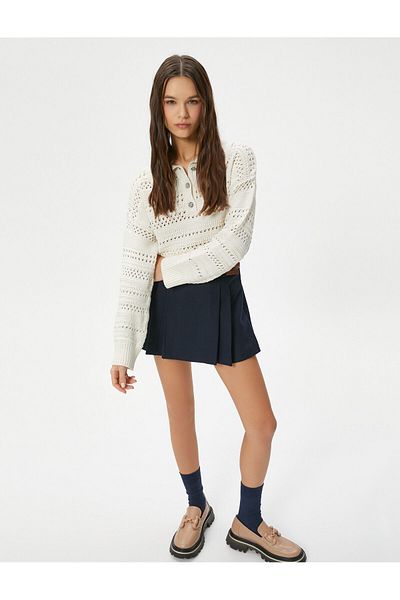 Koton Polo Collar Openwork Sweater Long Sleeve Shiny Flower Button Detail