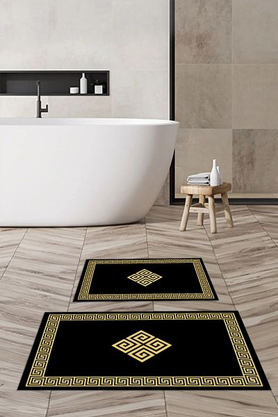 Viyana Home Printed Non-Slip Washable Framed Bath Mat 2-Piece Toilet Set Carpet, Toilet-105-Gold,
