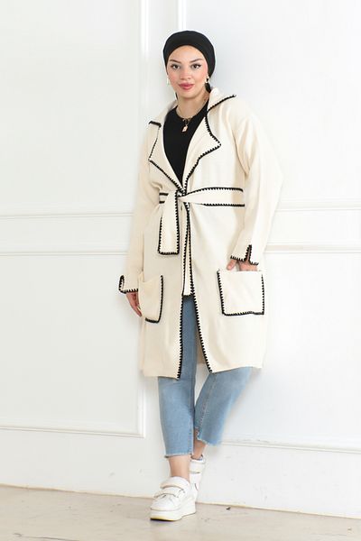 MAY MARA Women's Choban Stitch Detailed Pocket Long Knitting Cardigan