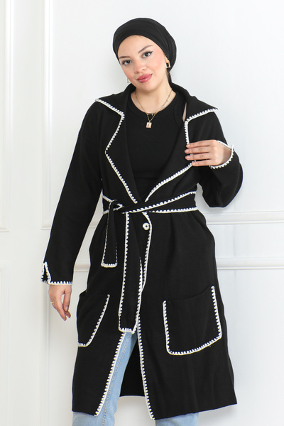 MAY MARA Women's Choban Stitch Detailed Pocket Long Knitting Cardigan