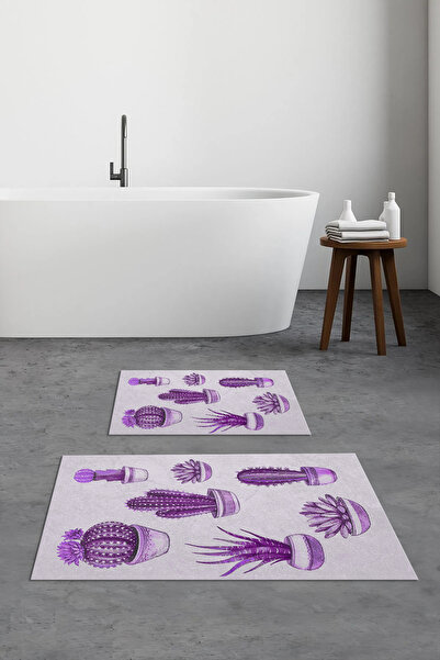 Viyana Home Σετ χαλιών μπάνιου με μοτίβο κάκτου, αντιολισθητικό, πλενόμενο, 2...