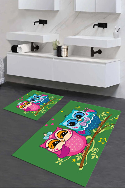 Viyana Home Σετ χαλιών μπάνιου με μοτίβο κουκουβάγιας, αντιολισθητικό, πλενόμενο, 2 τεμαχίων