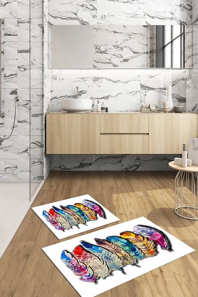 Viyana Home Covoraș de baie floral lavabil, antiderapant, set de 2 covoare pentru toaletă, WC-128-ALB,