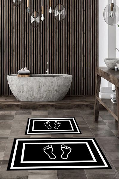 Viyana Home Ψηφιακό αντιολισθητικό πατάκι μπάνιου με μοτίβο ποδιών που πλένεται 2 τεμαχίων Σετ τουαλέτας, KLOZET-102-BLACK,