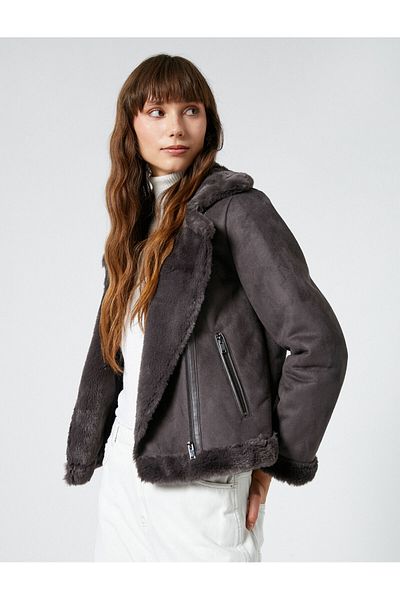 Koton Biker Jacket Faux Leather Faux Fur Zippered Pocket Detailed