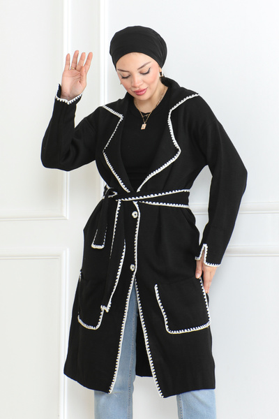 MAY MARA Women's Choban Stitch Detailed Pocket Long Knitting Cardigan