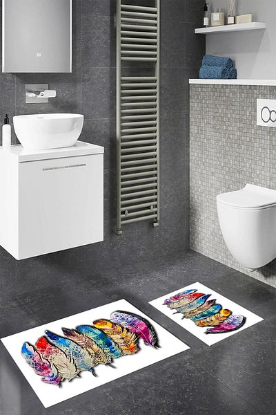 Viyana Home Covoraș de baie floral lavabil, antiderapant, set de 2 covoare pentru toaletă, WC-128-ALB,