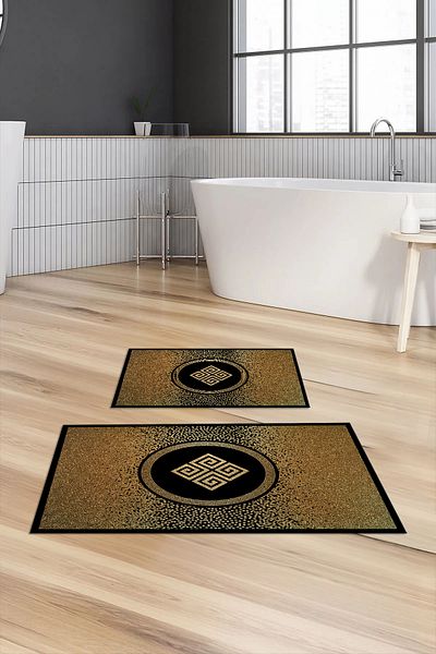 Viyana Home Digital Printed Non-Slip Base Washable Bath Mat 2-Piece Toilet Set Carpet, Toilet-143-Gold,