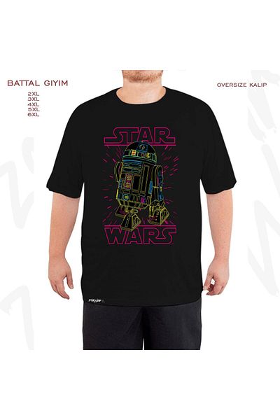 ZOKAWEAR Μαύρο μπλουζάκι μεγάλου μεγέθους Neon R2 D2 με στάμπα μεγάλου μεγέθους