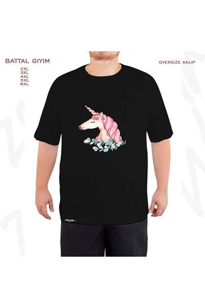 ZOKAWEAR Unicorn Printed Oversize Black T-Shirt - Watercolor Flowers Pattern, King Size