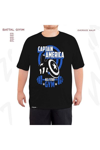 ZOKAWEAR Oversize Captain America Gym Printed Battal (Bol) Mold Μαύρο T-Shirt