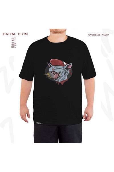 ZOKAWEAR Υπερμεγέθη Μαύρο T-Shirt με στάμπα με γάτα που φωνάζει