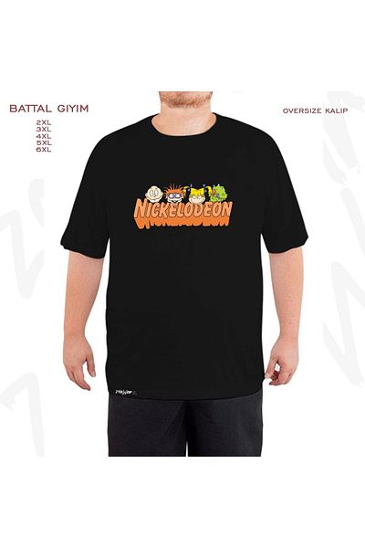 ZOKAWEAR Oversize Rugrats Group Printed Battal (Bol) Mold Μαύρο T-Shirt