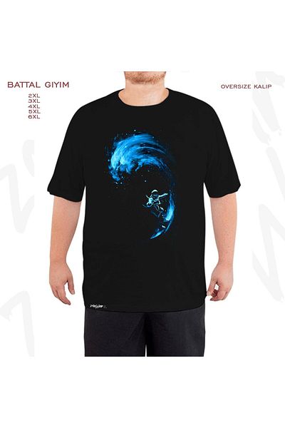 ZOKAWEAR Μαύρο μπλουζάκι Oversize Space Surfing Printed Battal (Bol) Mold