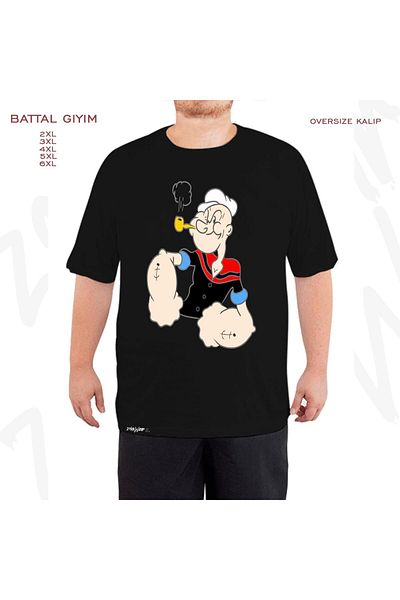 ZOKAWEAR Oversize Popeye Printed Battal (Bol) Μαύρο T-Shirt