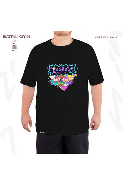ZOKAWEAR Oversize Rugrats Baby Group Φωτεινό ρετρό εμπριμέ μαύρο μπλουζάκι με φόρμα μεγάλου μεγέθους