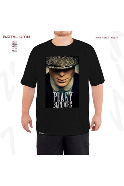 ZOKAWEAR Oversize Peaky Blinders Button Printed Oversize (Bol) Fit Black T-Shirt