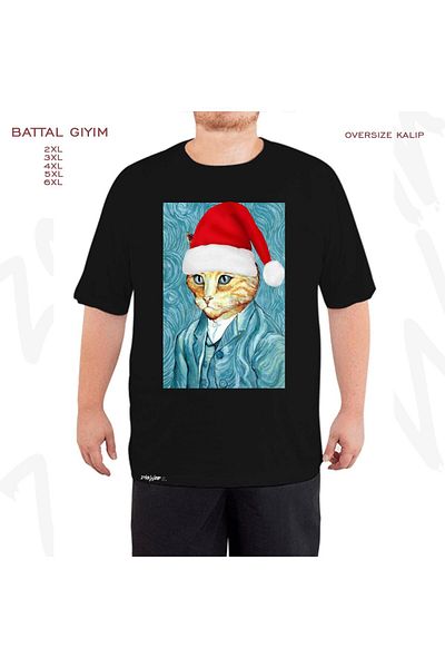 ZOKAWEAR Van Gogh Cat Printed Oversize Μαύρο T-Shirt - Πρωτοχρονιά Χριστούγεννα