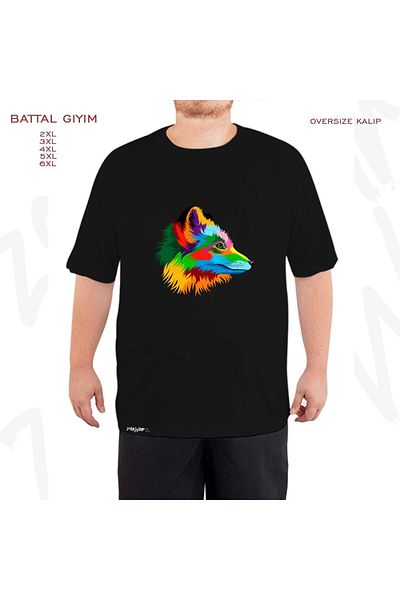 ZOKAWEAR Υπερμεγέθη πολύχρωμη αλεπού με στάμπα μεγάλου μεγέθους (πολύ) μαύρο μπλουζάκι
