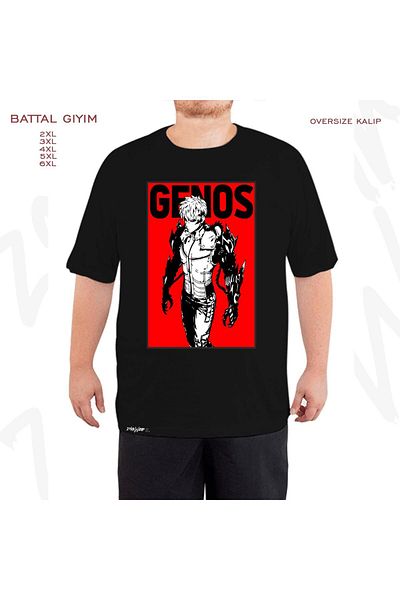 ZOKAWEAR Oversize One Punch Genos Anim Printed Battal (Bol) Mold Μαύρο T-Shirt