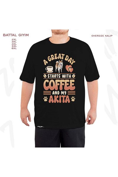 ZOKAWEAR Oversize Groovy Akita Dog Printed Battal (Bol) Μαύρο T-Shirt