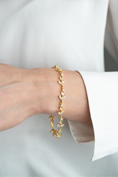 ESSARE 925 Ayar Gümüş Gold Kaplama Mekik Taşlı Zarif Sarmaşık Bileklik