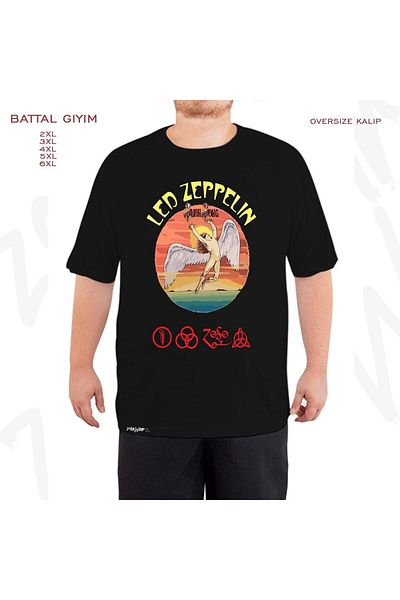 ZOKAWEAR Oversize Swan Led Zeppelin Printed Battal (Bol) Mold Μαύρο T-Shirt