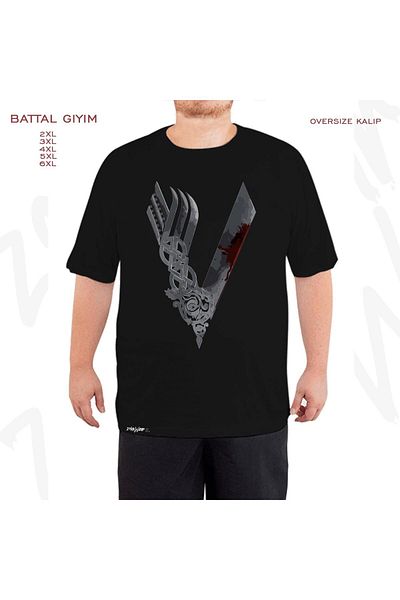 ZOKAWEAR Μαύρο μπλουζάκι με τυπωμένο λογότυπο Vikings Oversize Battal (Bol) Mold