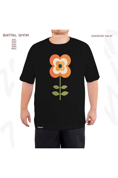 ZOKAWEAR Μαύρο μπλουζάκι με ρετρό στάμπα λουλουδιών μεγάλου μεγέθους - στάμπα με υπερμεγέθη, πορτοκαλί και άνθρακα