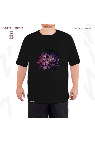 ZOKAWEAR Oversize Cosmic Flowers Lotus Printed Oversize (Bol) Fit Black T-Shirt