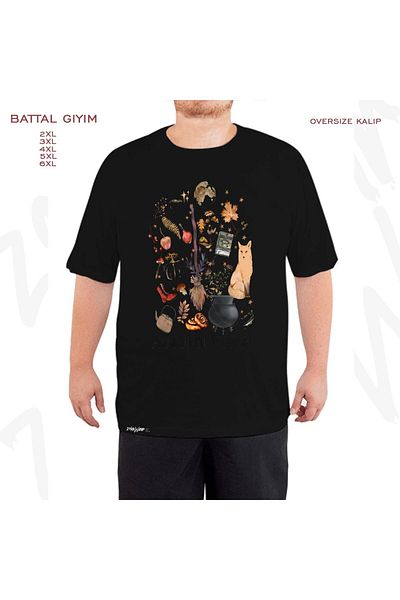 ZOKAWEAR Tricou negru supradimensionat cu imprimeu cu vrăjitoare de toamnă