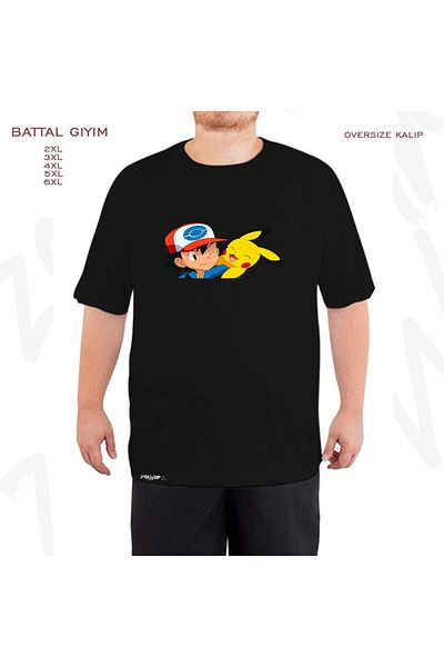 ZOKAWEAR Υπερμεγέθη Pokemon Pikachu Ash Ta Printed Battal (Bol) Mold Μαύρο T-Shirt
