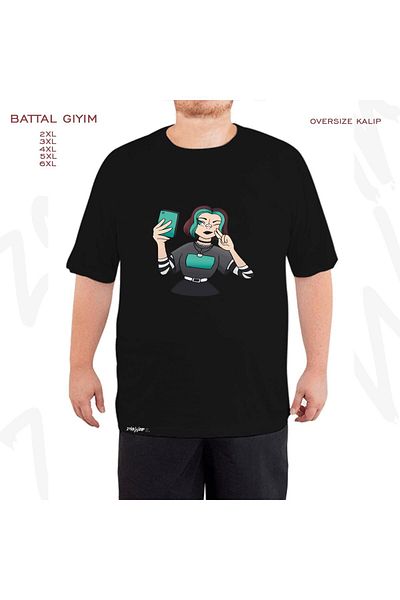 ZOKAWEAR Υπερμεγέθη νεαρό κορίτσι με πράσινα μαλλιά που προσελκύει Selfie εμπριμέ μαύρο μπλουζάκι