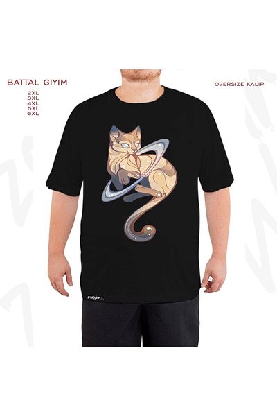 ZOKAWEAR Μαύρο μπλουζάκι μεγάλου μεγέθους Saturn Cat Planet Printed Battal (Bol) Mold