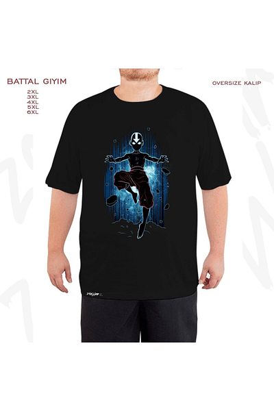 ZOKAWEAR Oversize Aang Avatar Printed Battal (Bol) Mold Μαύρο T-Shirt