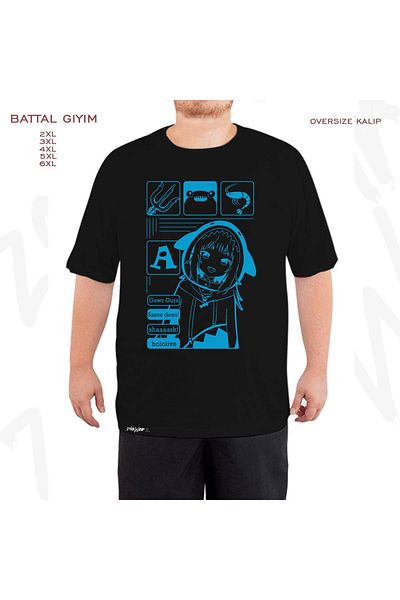 ZOKAWEAR Μαύρο μπλουζάκι Oversize Gawr Gura Hololive English Printed Battal (Bol) Mold