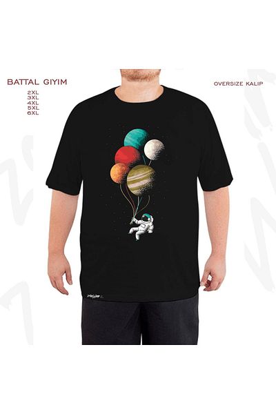 ZOKAWEAR Μαύρο μπλουζάκι Oversize Space Balloon Planet Printed Battal (Bol) Mold