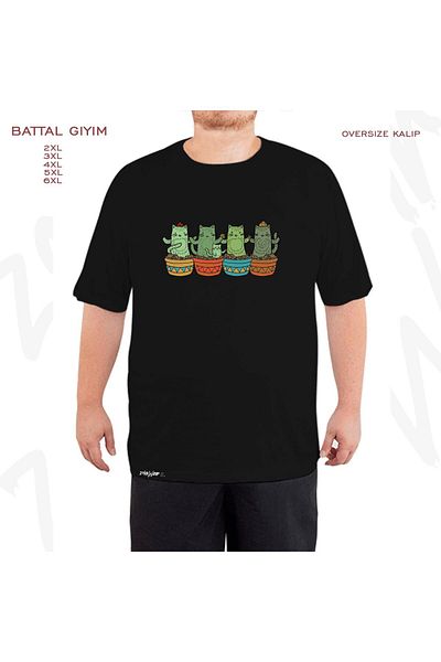 ZOKAWEAR Oversize Catcus Garden Printed Battal (Bol) Mold Μαύρο T-Shirt