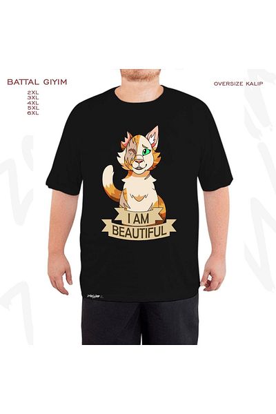ZOKAWEAR I Am Beautiful Printed Oversize Warrior Cats Black T-Shirt - King Fit
