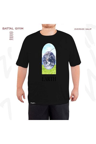 ZOKAWEAR Oversize World Earth Printed Battal (Bol) Mold Μαύρο T-Shirt