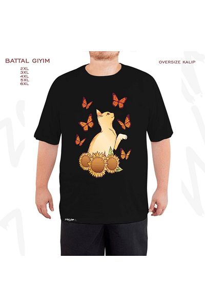 ZOKAWEAR Μαύρο μπλουζάκι με στάμπα ηλίανθου με πεταλούδα γάτας μεγάλου μεγέθους