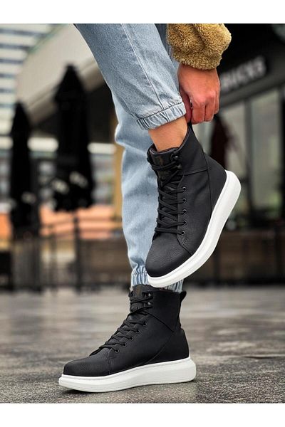 Shine Leather Παπούτσια Knack High Sole B-080 Μαύρο (Λευκή σόλα)