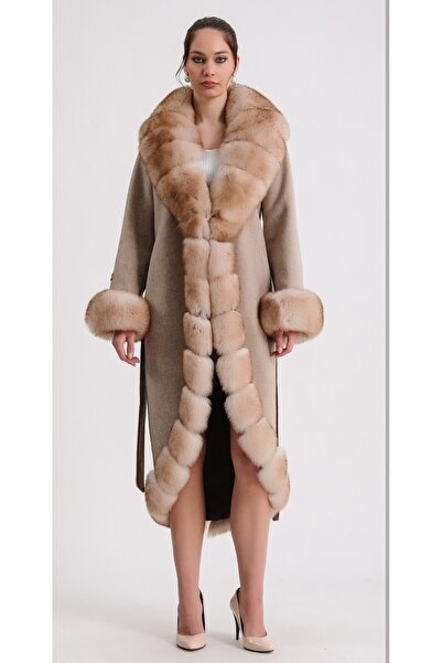 By Marki Marki Kadın Bej Kaşmir Palto - 120 cm, Tam Boy Özel Palto