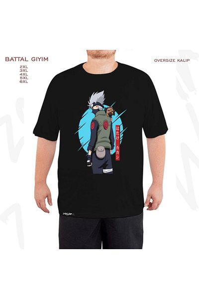 ZOKAWEAR Μαύρο μπλουζάκι μεγάλου μεγέθους Naruto Kakashi Hatake Snow Printed Battal (Bol) Mold