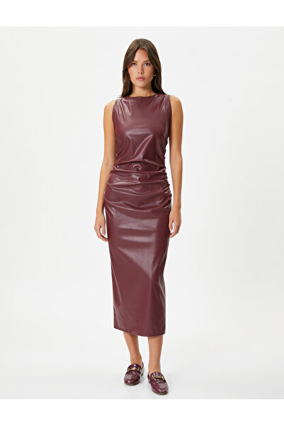 Koton Suni Deri Elbise Midi Kolsuz Bisiklet Yaka Slim Fit