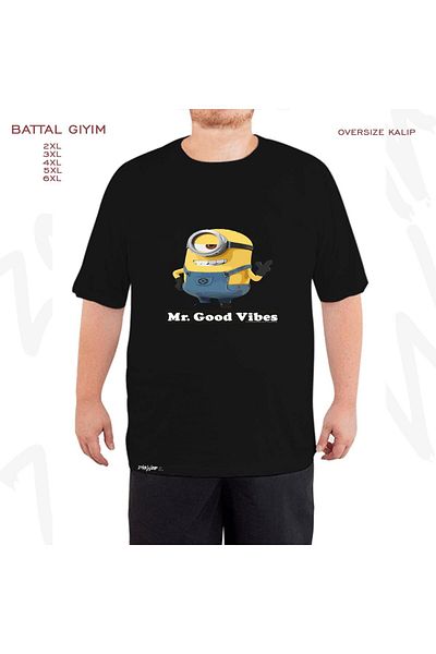 ZOKAWEAR Minions Carl Mr. Good Vibes Printed - Μαύρο T-Shirt με μεγάλη εφαρμογή