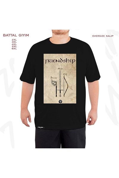 ZOKAWEAR Oversize Lotr Friendship Printed Battal (Bol) Mold Μαύρο T-Shirt