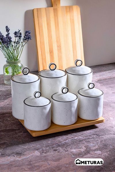 Meturas Set of 6 Porcelain Silicone Jars - Vacuum Lid, Kitchen Seasoning Rack, 3X400Ml and 3X800Ml Decorative